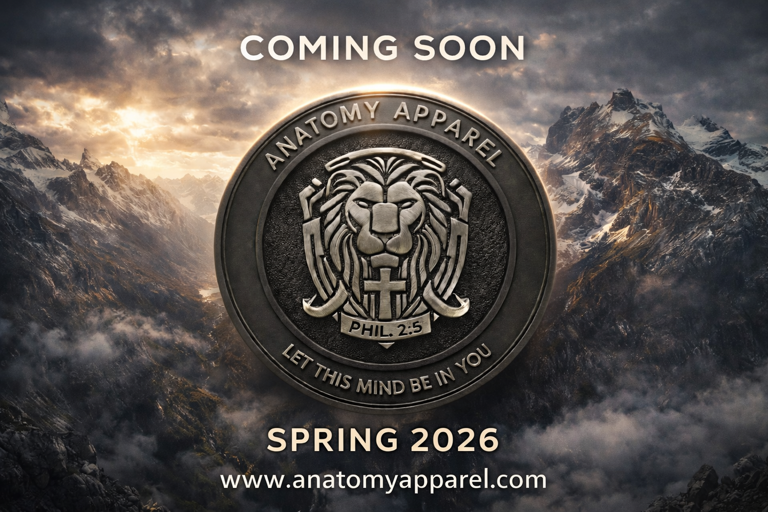 Anatomy Apparel logo with mountainous background and 'Coming Soon' text for Spring 2026.