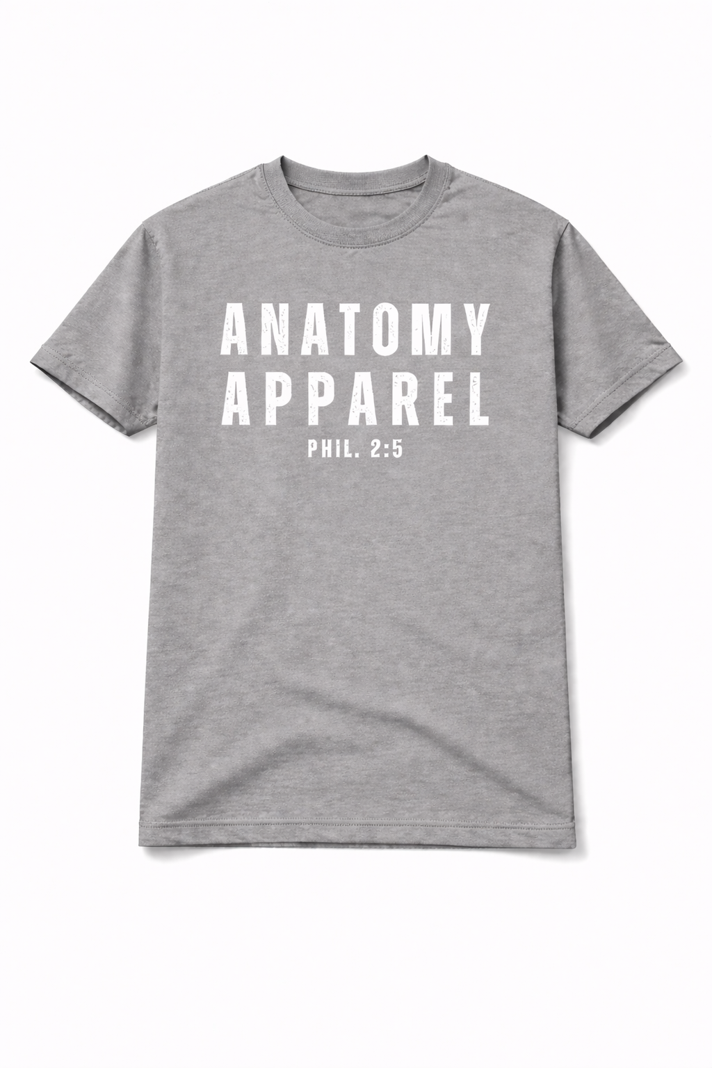 Gray t-shirt with 'Anatomy Apparel' text on a white background