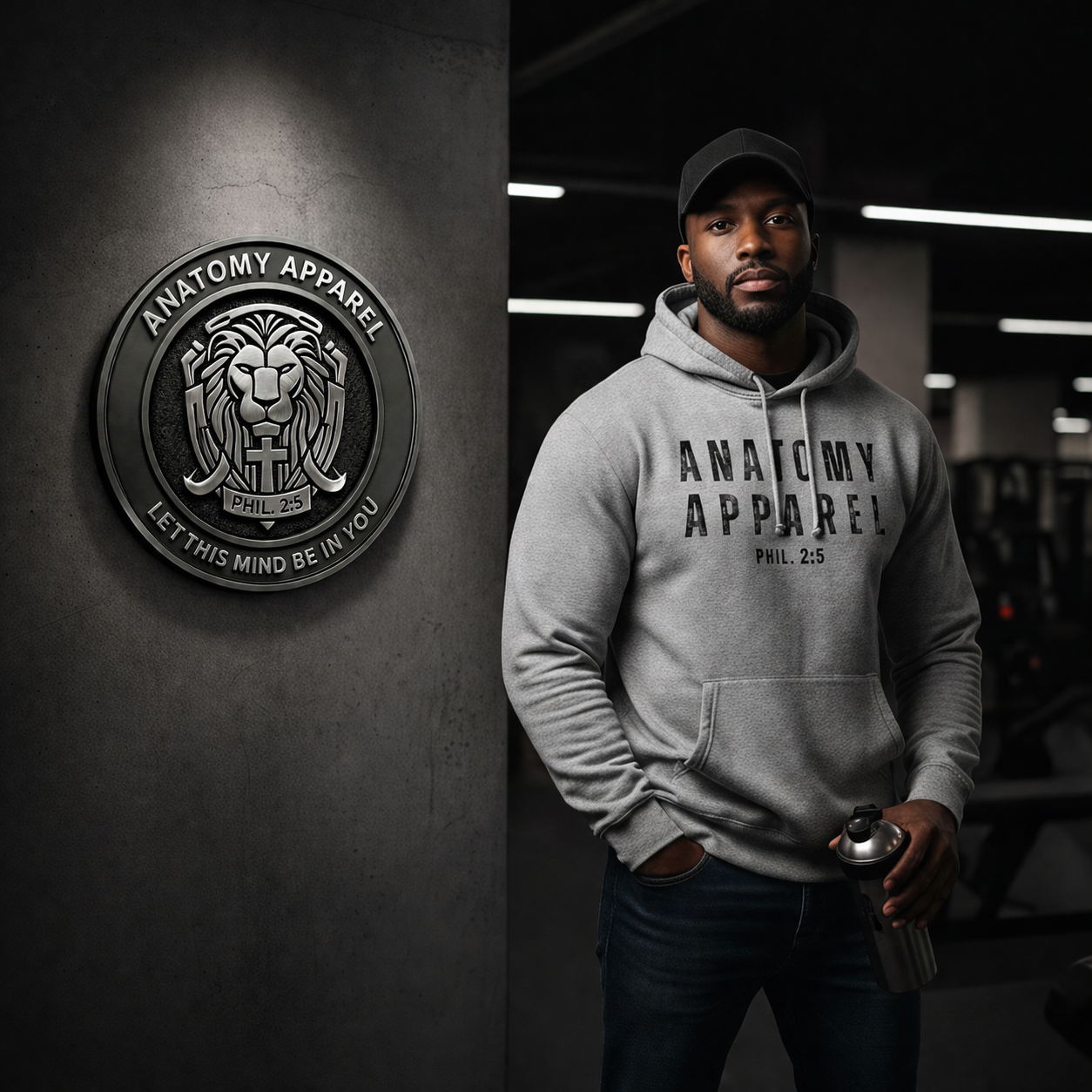 Man wearing a gray hoodie with 'Anatomy Apparel' logo, standing next to the brand's logo on a dark background.