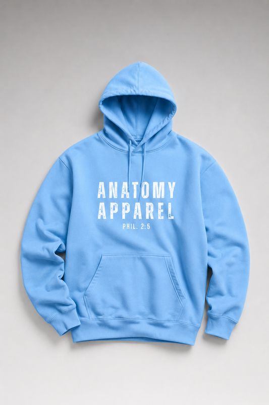 Carolina blue hoodie with 'Anatomy Apparel' text on a gray background
