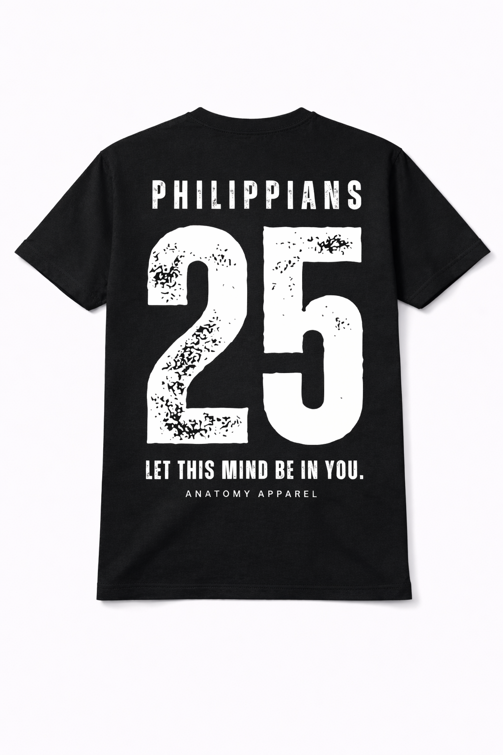 Black t-shirt with white text and design on a white background