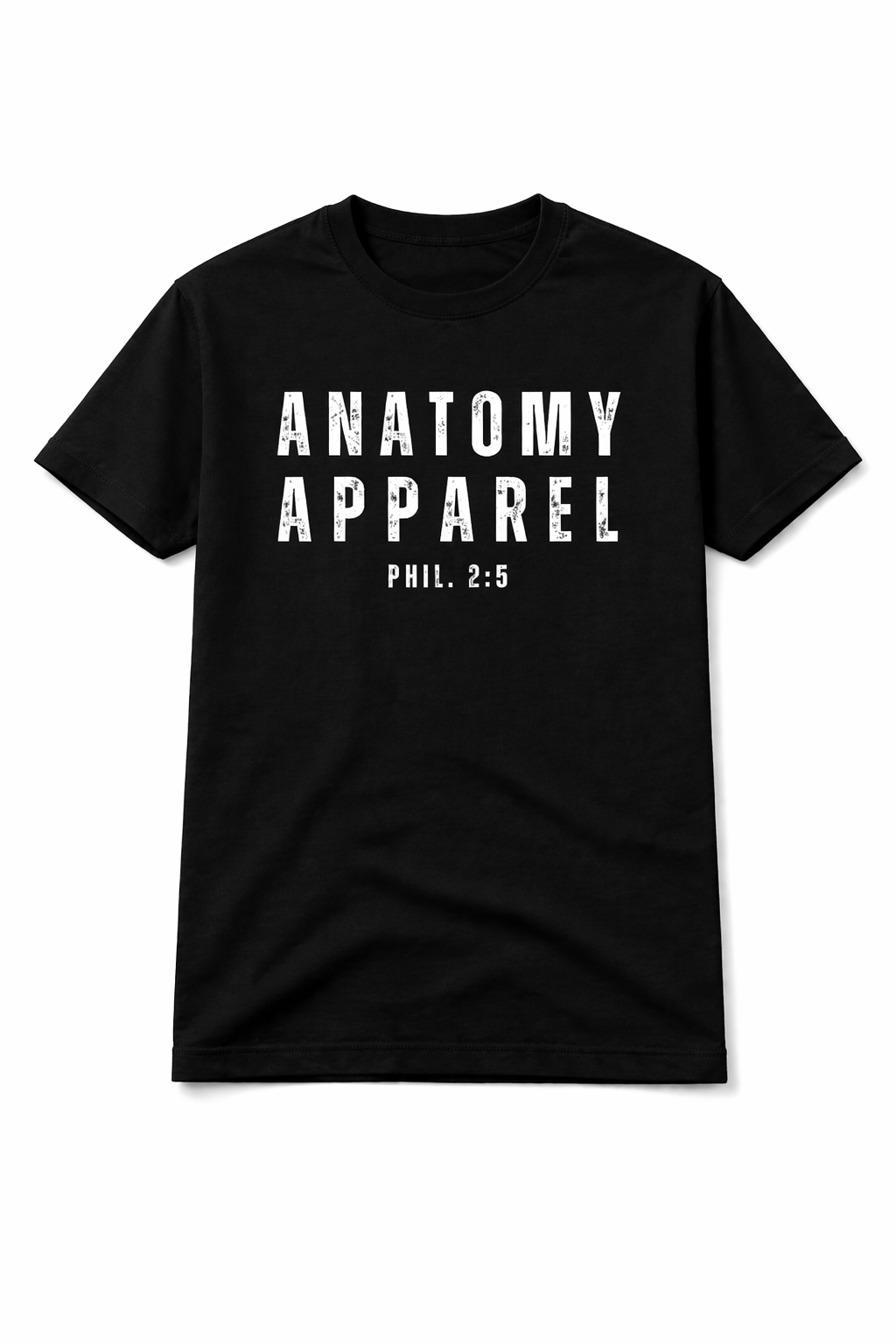 Black t-shirt with 'Anatomy Apparel' text on a white background