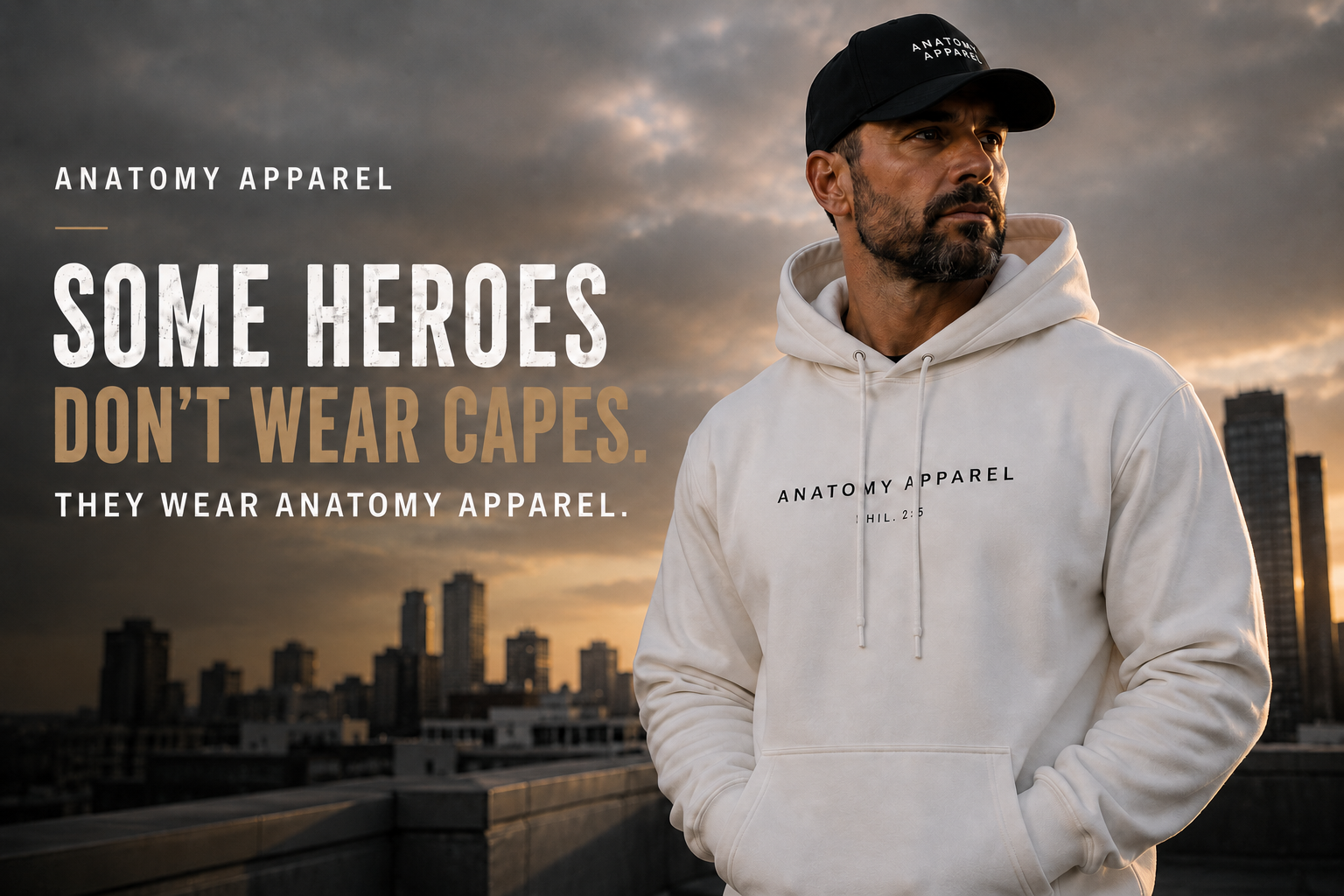 Man wearing a white hoodie with 'Anatomy Apparel' text, standing against a cityscape with text 'Some heroes don't wear capes. They wear Anatomy Apparel.