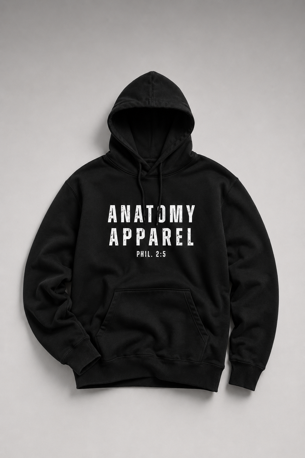 Black hoodie with 'Anatomy Apparel' text on a gray background