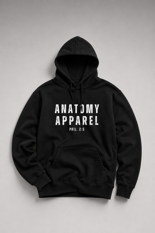 Black hoodie with 'Anatomy Apparel' text on a gray background