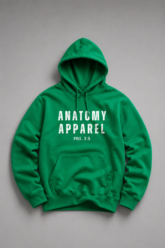 Green hoodie with 'Anatomy Apparel' text on a gray background