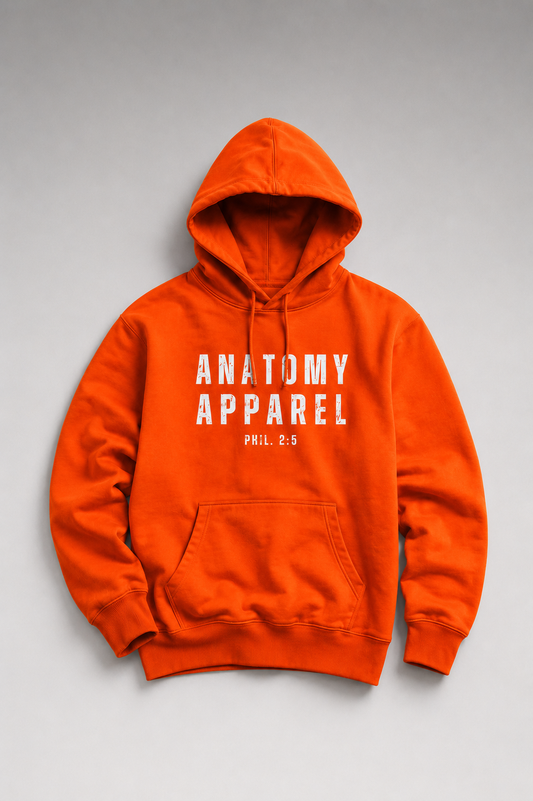 Orange hoodie with 'Anatomy Apparel' text on a gray background