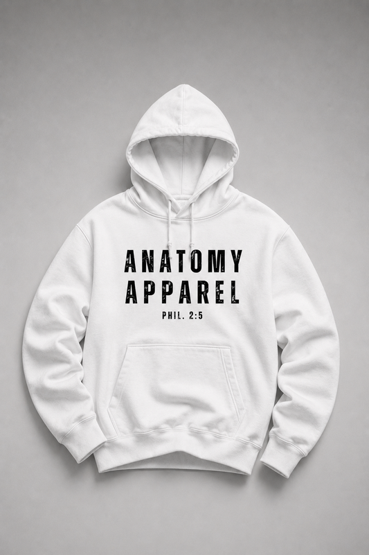 White hoodie with 'Anatomy Apparel' text on a gray background