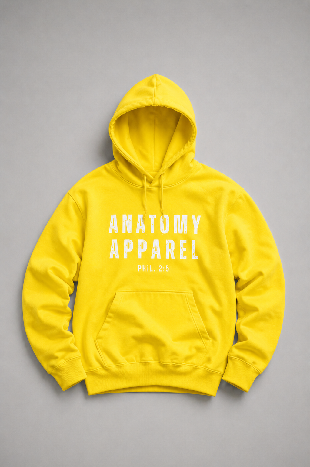 Yellow hoodie with 'Anatomy Apparel' text on a gray background
