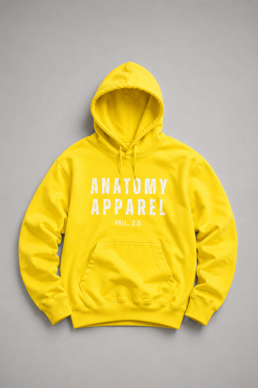 Yellow hoodie with 'Anatomy Apparel' text on a gray background