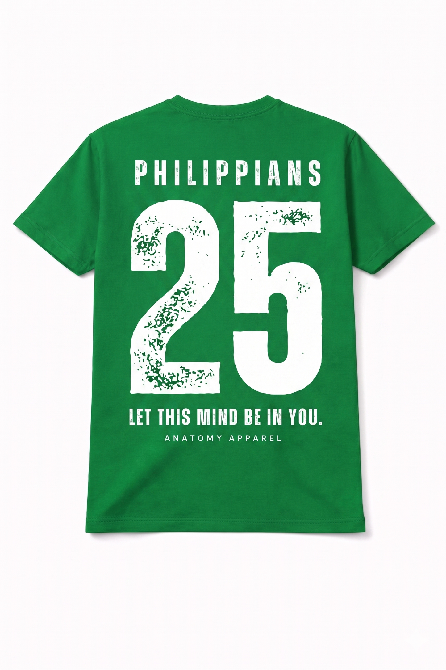 Green t-shirt with 'Philippians 2:5' text on a white background
