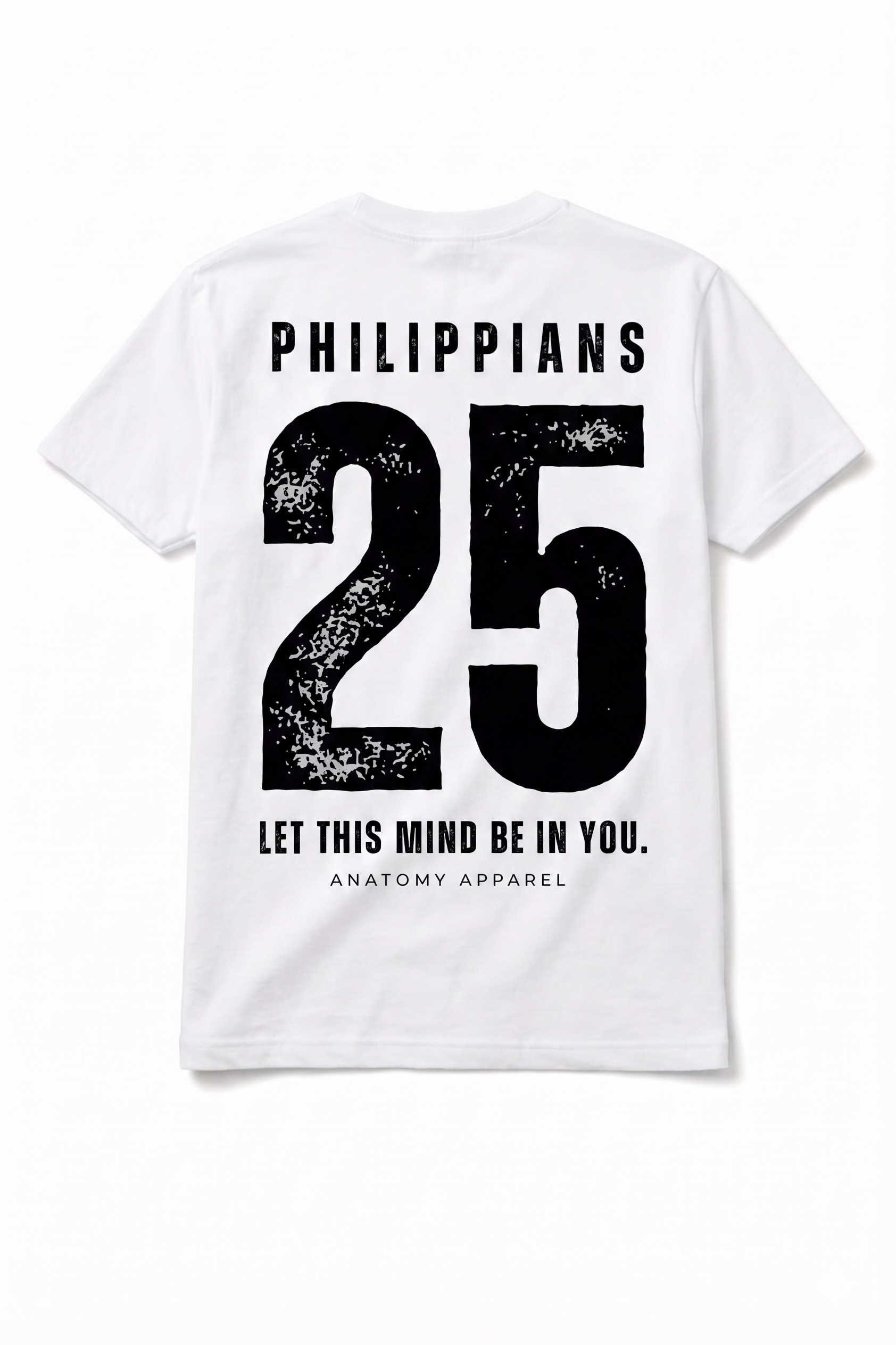 White t-shirt with black text and number design on a white background